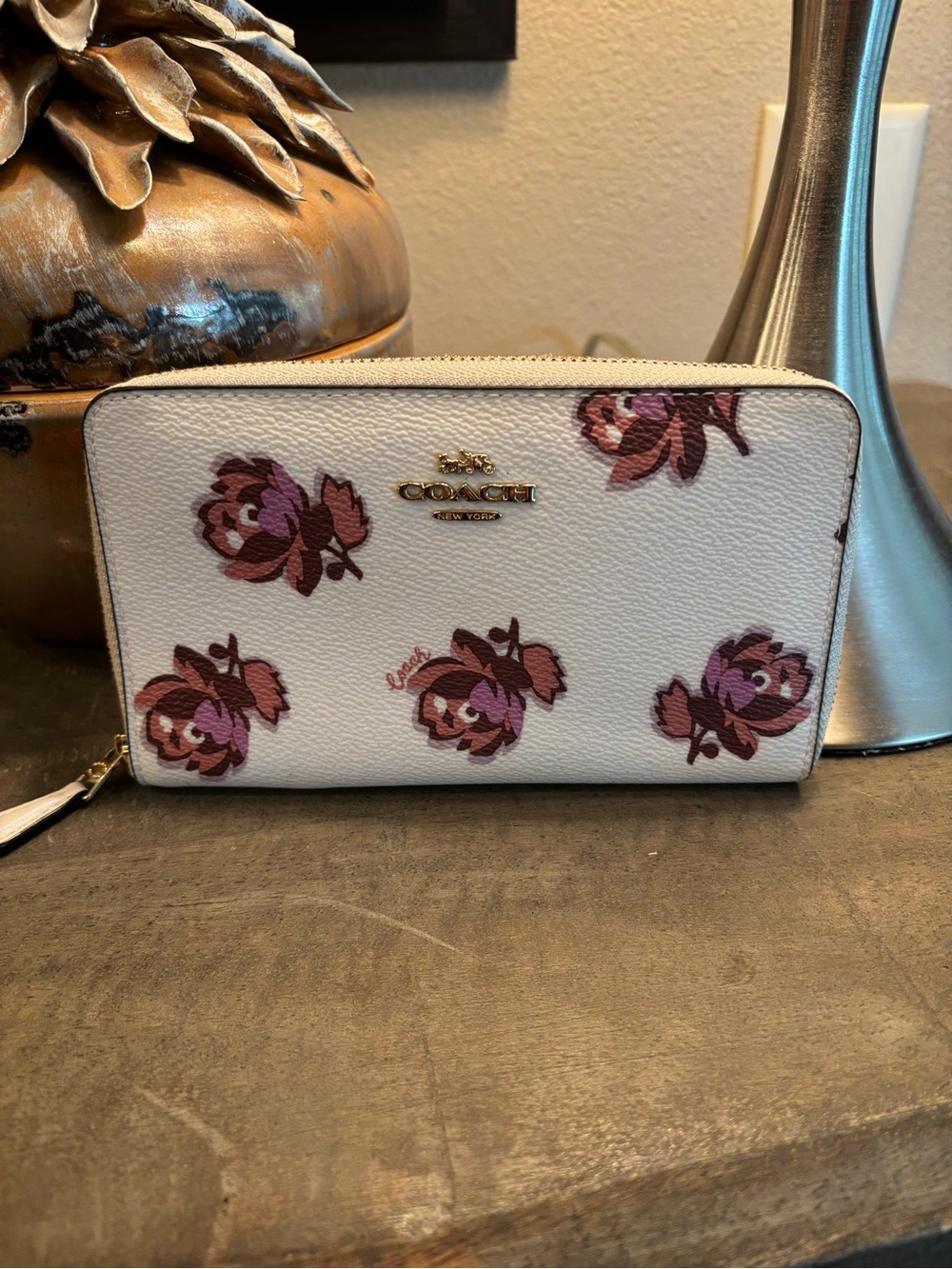 Coach Floral Zip Wallet in White with Pink Accents